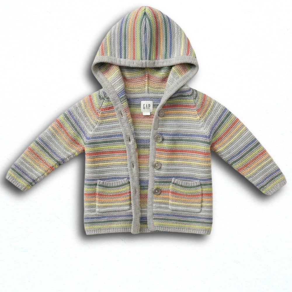 Baby GAP Rainbow Stripe Hooded Cardigan Sweater Bear Ears Gray 12-18 Months